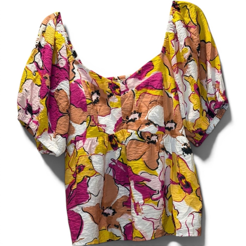 Floral Puff Sleeve Blouse Pink Yellow XL Square Neck Smocked Back Top